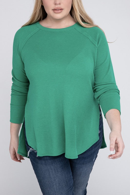 Plus Melange Baby Waffle Long Sleeve Top K GREEN