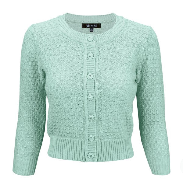 Cute Pattern Cropped Cardigan Sweater 3/4 Sleeve Aqua