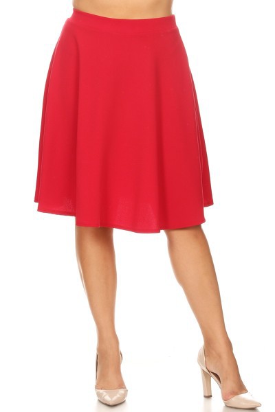 Solid high waisted A-line knee length skirt Red