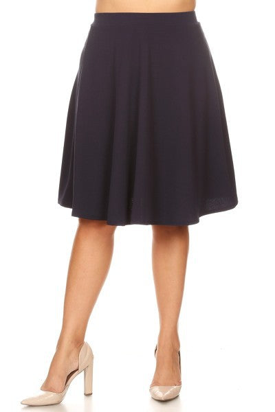 Solid high waisted A-line knee length skirt Navy