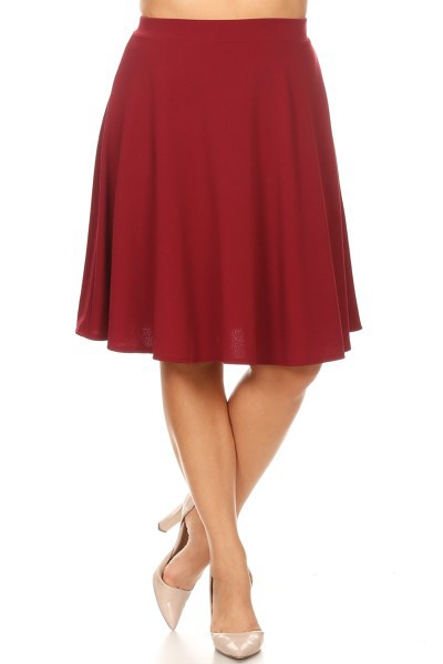 Solid high waisted A-line knee length skirt Burgundy
