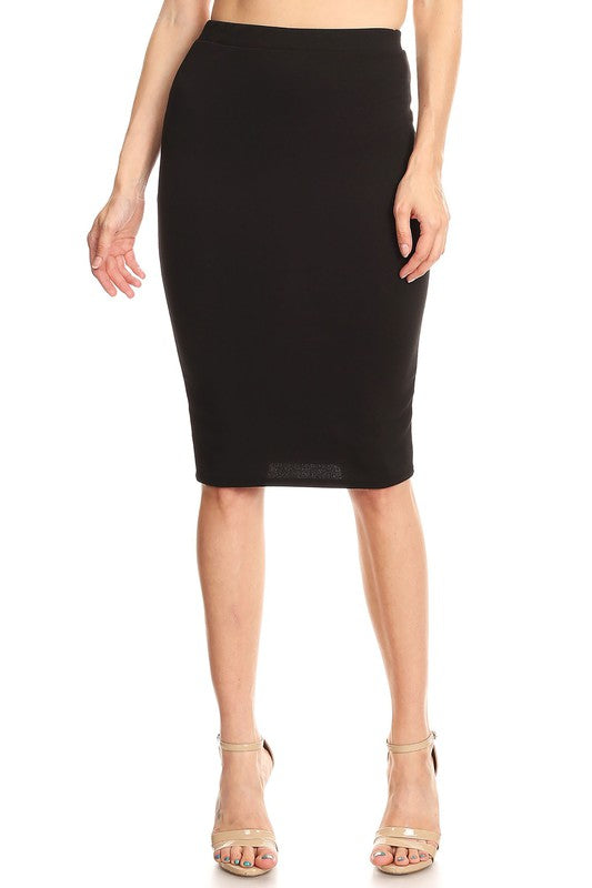 Solid knee length high waisted pencil skirt Black