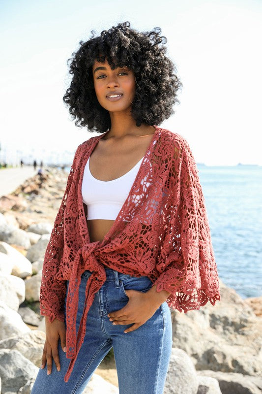Crochet Floral Petal Kimono Wrap Rust Default