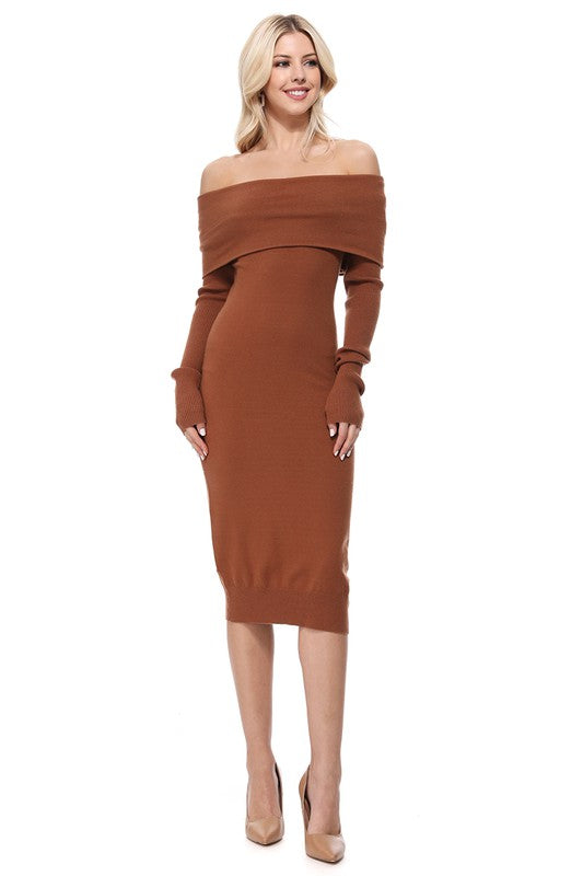 Off Shoulder Long Sleeve Slim Fit Midi Knit Dress Camel