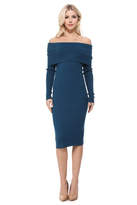 Off Shoulder Long Sleeve Slim Fit Midi Knit Dress Teal