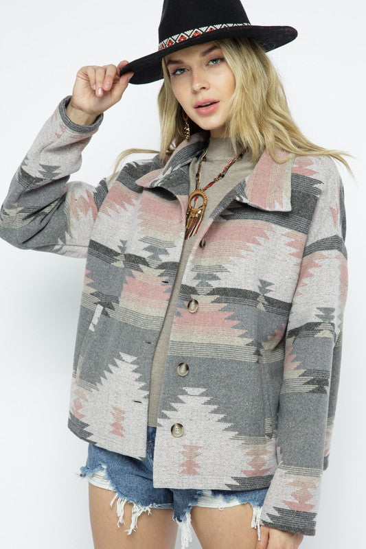 Soft Comfy Lightweight Aztec Pattern Jacket GREY PINK MIX