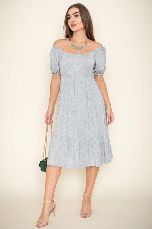 Square Neck Puff Sleeve Boho Dress Grey