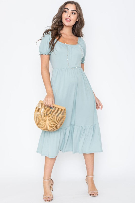 Square Neck Puff Sleeve Boho Dress sage