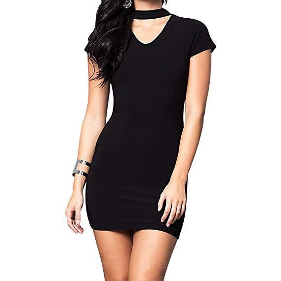 JUNIORS V-NECK PARTY DRESS WITH CHOKER NECKLINE Black