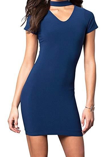 JUNIORS V-NECK PARTY DRESS WITH CHOKER NECKLINE Royal Blue
