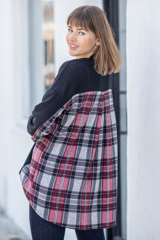 Plaid Back Waffle Knit Cardigan IVORY/ GREY PLAID