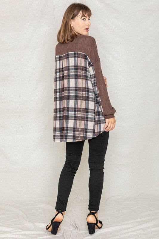 Plaid Back Waffle Knit Cardigan