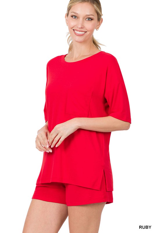 Drop Shoulder Top & Drawstring Waist Shorts Set RUBY