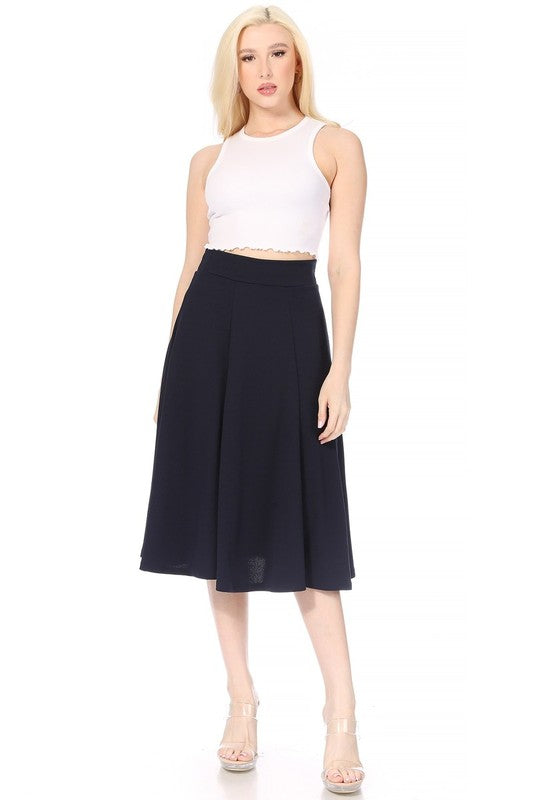 Paneled, A-line midi skirt with banded waist. Navy