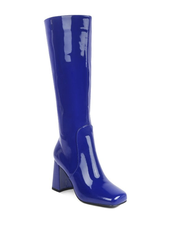 HYPNOTIZE Patent PU Block Heeled Calf Boots Blue