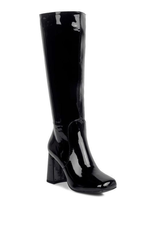 HYPNOTIZE Patent PU Block Heeled Calf Boots Black