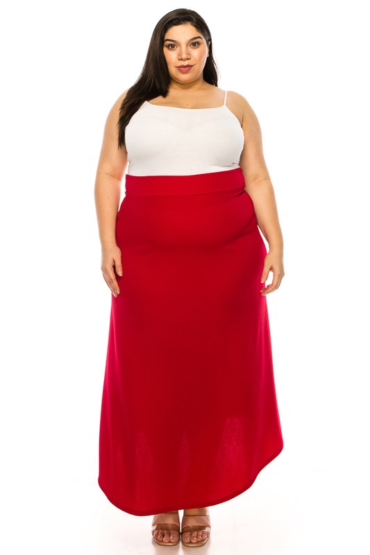 Plus size, solid, high waisted, A-line, midi skirt Red