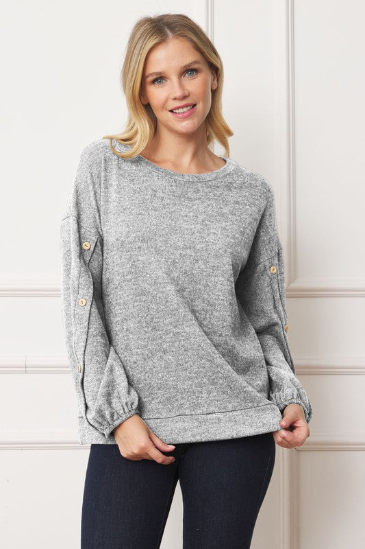 Drop Shoulder Button Sleeve Detail Top Grey