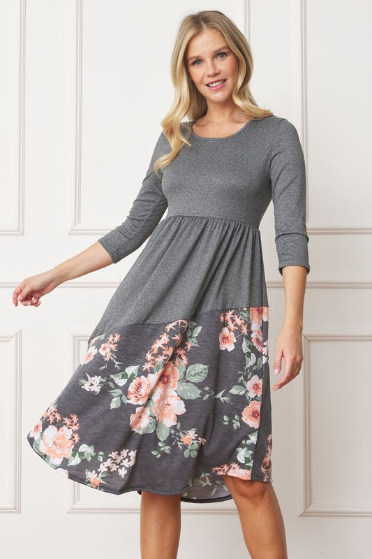 Asymmetrical Accent Midi Dress Charcoal Floral