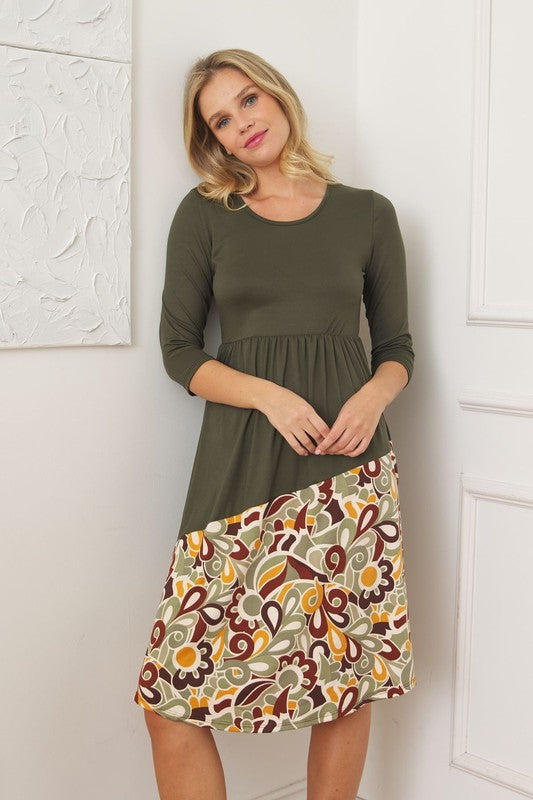 Asymmetrical Accent Midi Dress Olive Retro