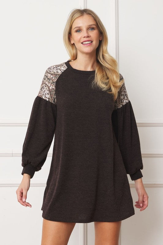 Plus Paisley Shoulder Accent Tunic Dress brown