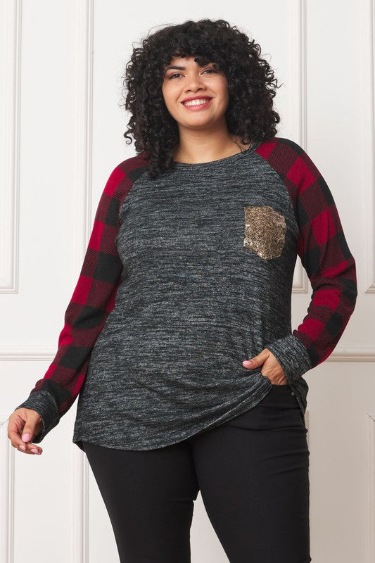 Plus Checker Sleeve Sequin Pocket Tunic Charcoal/Red
