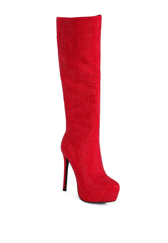 Nebula Rhinestone Embellished Stiletto Calf Boots Red