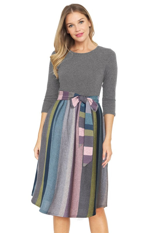Plus Quarter Sleeve Stripe Sash Midi Dress Charcoal Blue Green