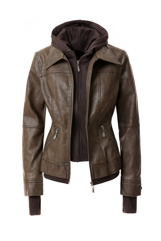 Women's Hood PU Leather Jacket COFFEE