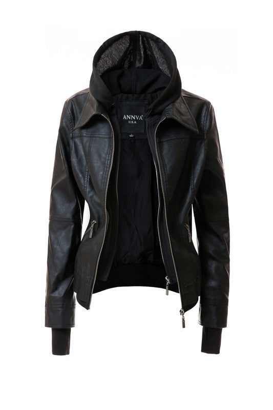 Women's Hood PU Leather Jacket BLACK