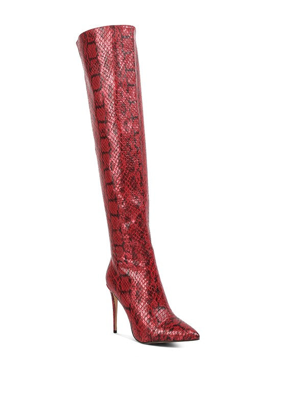 Catalina Snake Print Stiletto Knee Boots Red