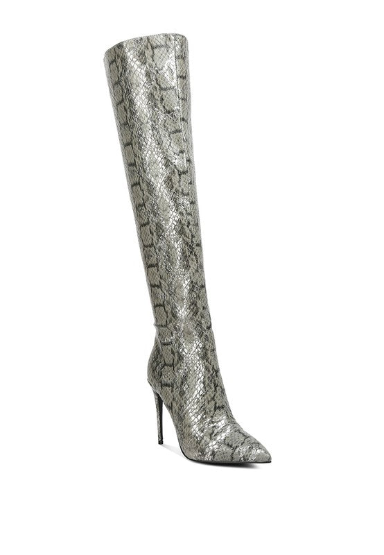 Catalina Snake Print Stiletto Knee Boots Grey