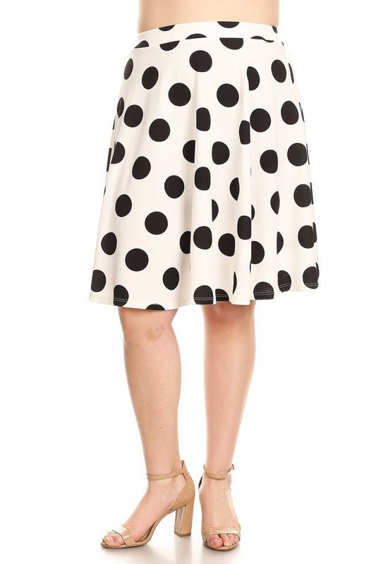 Polka dot printed, high waisted knee length skirt White