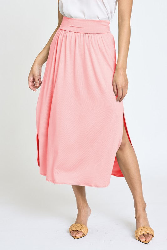 Solid Side Slit Midi Skirt coral