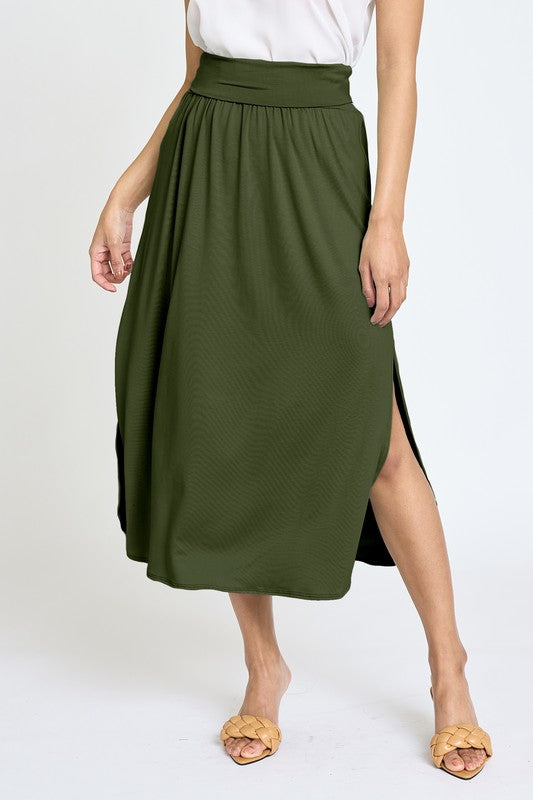 Solid Side Slit Midi Skirt olive