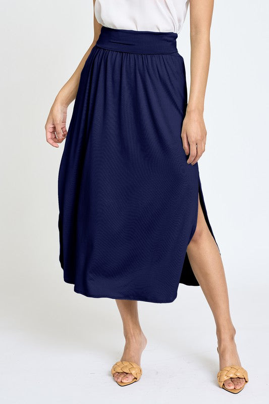 Solid Side Slit Midi Skirt Navy