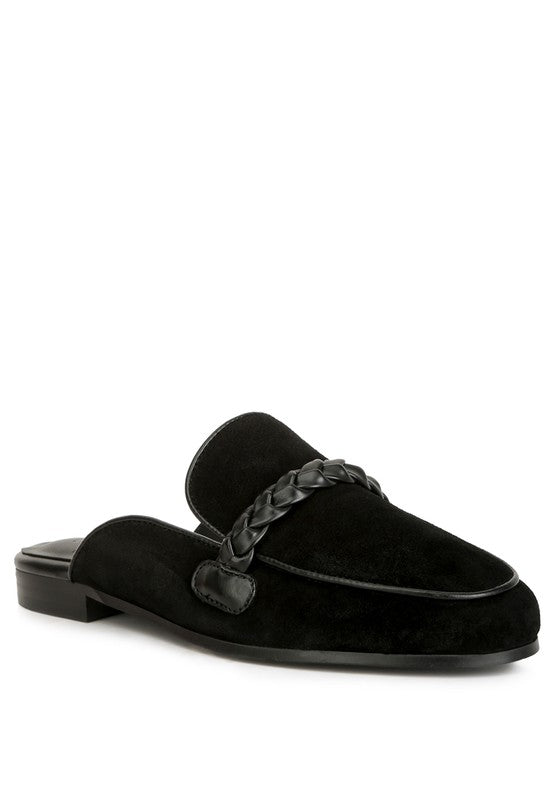 Lavinia Suede Leather Braided Detail Mules Black