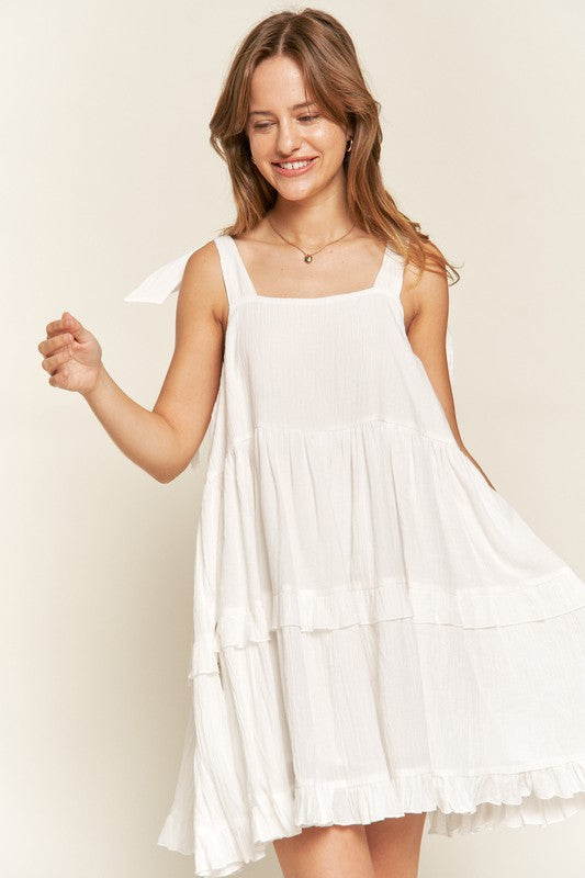 Square neck ruffle dress WHITE