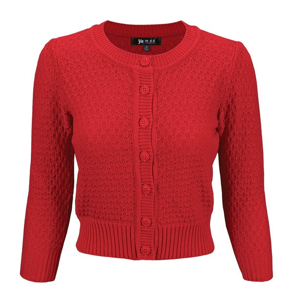Cute Pattern Cropped Cardigan Sweater 3/4 Sleeve Red