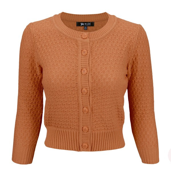 Cute Pattern Cropped Cardigan Sweater 3/4 Sleeve Dusty Orange