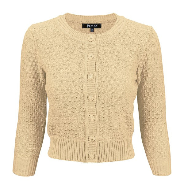 Cute Pattern Cropped Cardigan Sweater 3/4 Sleeve Taupe