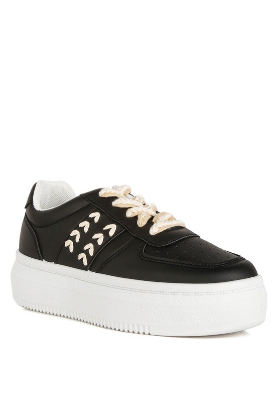 Monigue Faux Leather Cross Stitch Detail Sneakers BLACK