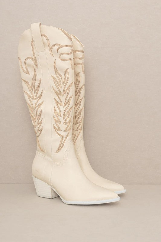 SAMARA-EMBROIDERY WESTERN KNEE HIGH BOOTS OFF WHITE