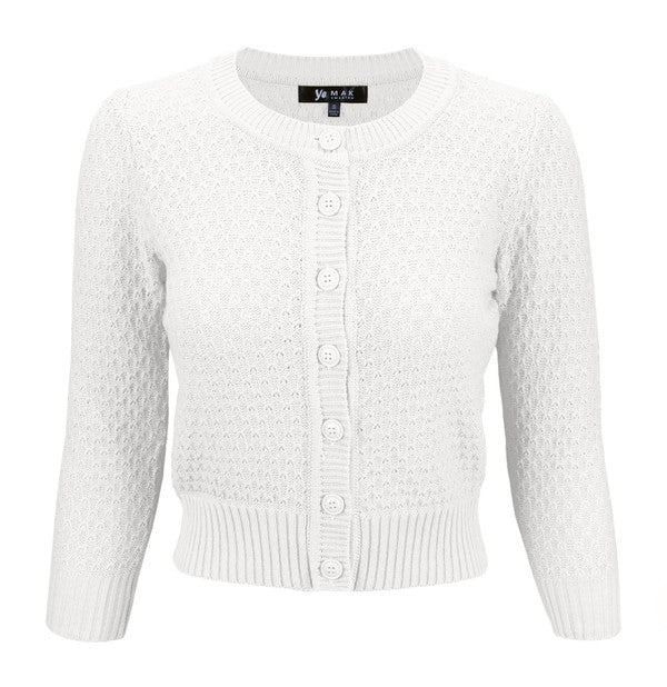 Cute Pattern Cropped Cardigan Sweater 3/4 Sleeve White