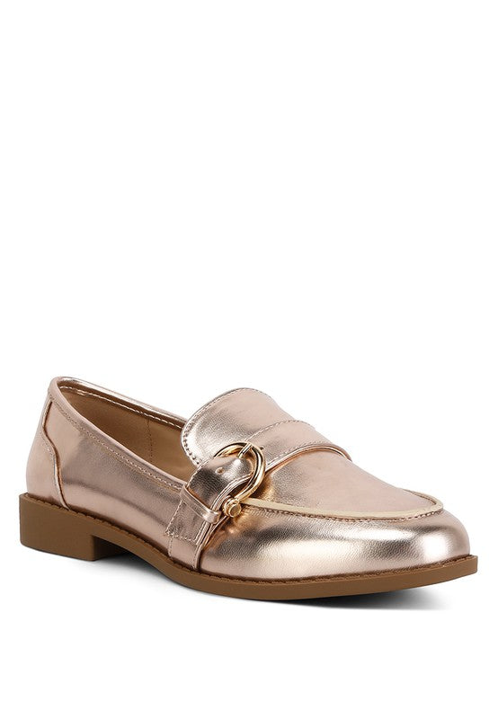Haruka Metallic Faux Leather Loafers Rose Gold