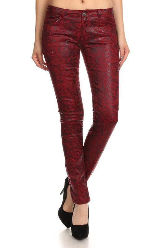 Low Rise Metallic Print Skinny jeans Pants Burgundy