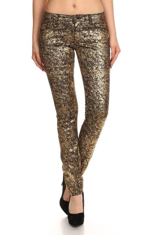 Low Rise Metallic Print Skinny jeans Pants Gold