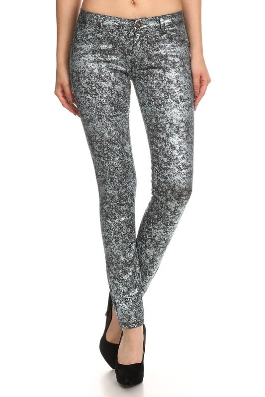 Low Rise Metallic Print Skinny jeans Pants Gun Metal