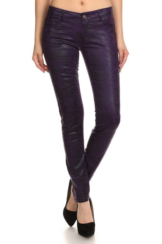 Low Rise Metallic Print Skinny jeans Pants Purple