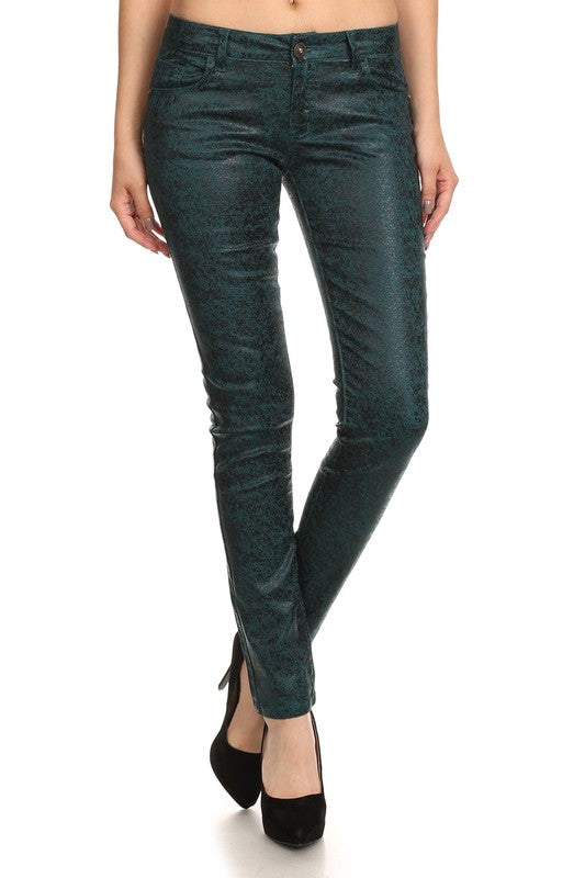 Low Rise Metallic Print Skinny jeans Pants Teal